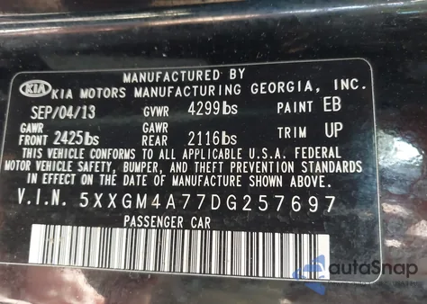 2013 Kia Optima Lx z USA, uszkodzony, nr VIN 5XXGM4A77DG257697